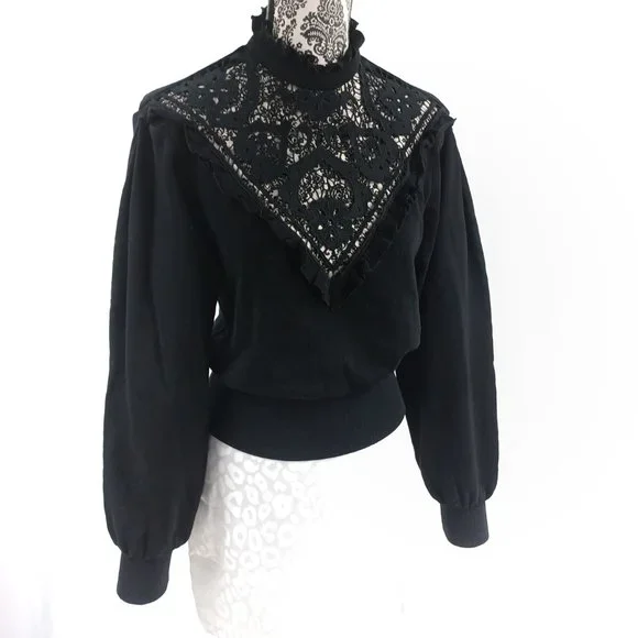 EXPRESS Victorian Look LS Lace Insert Sweatshirt Stretch Blouse Top XS - Picture 3 of 4